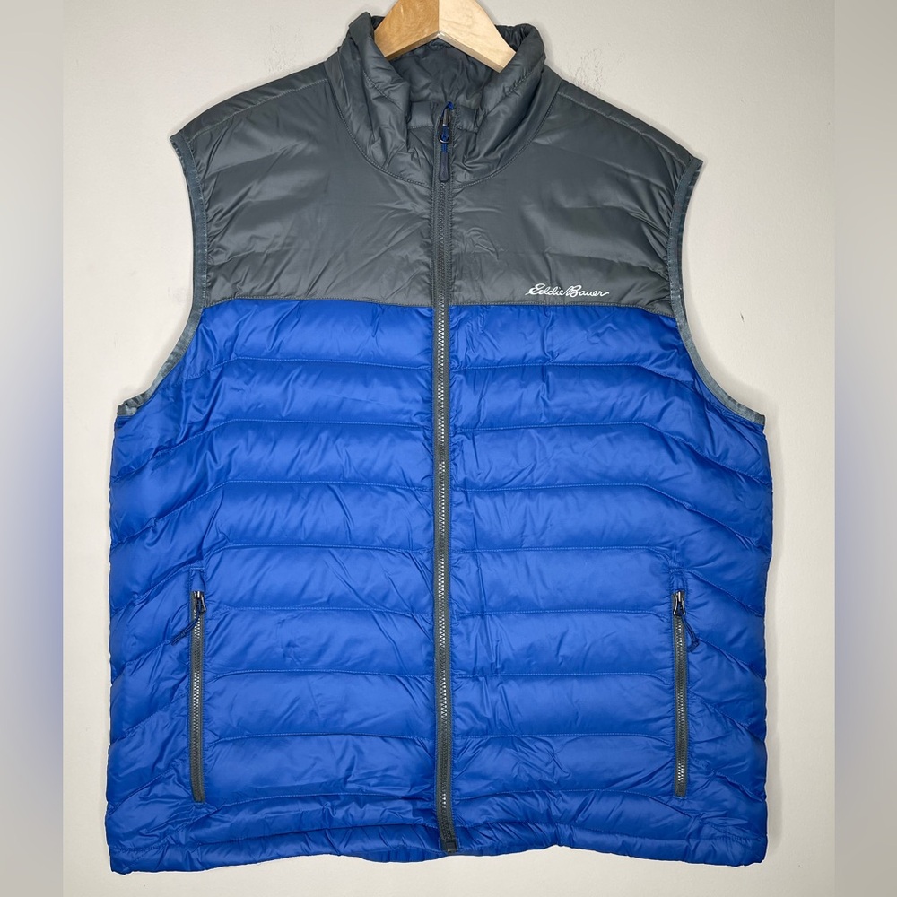 Eddie Bauer Vest Mens Large Goose Down Full Zip Gray/Blue Puffer Outdoor Hike